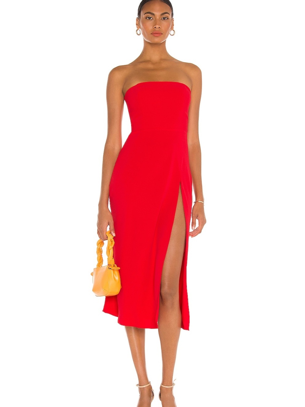 Amanda Uprichard Mandy Midi dress in "Lipstick". Strapless design w slit hem.Med